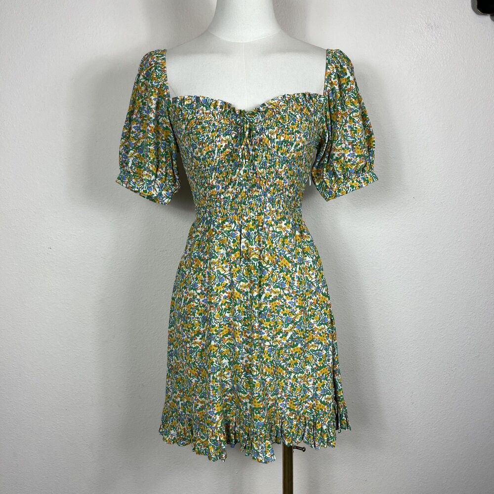 Faithfull The Brand Dress Womens XS Floral Smocked Sweetheart Mini Boho Coquette